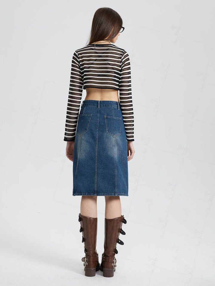 Striped Openwork Long Sleeves Tie Front Crop Knit Cardigan