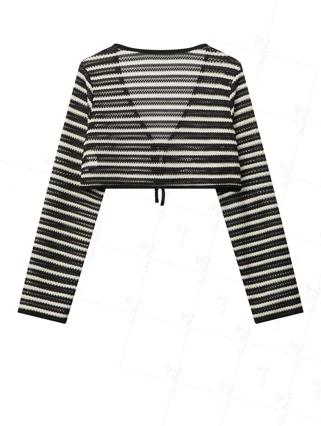 Striped Openwork Long Sleeves Tie Front Crop Knit Cardigan