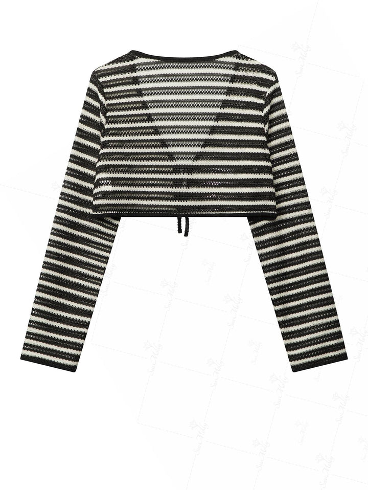 Striped Openwork Long Sleeves Tie Front Crop Knit Cardigan