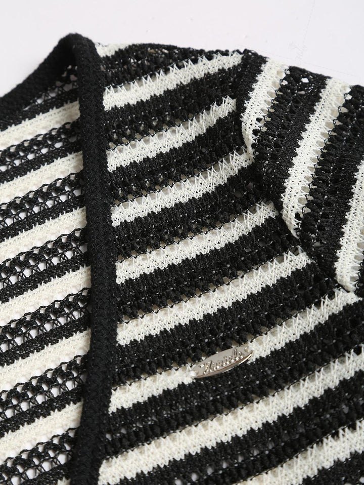 Striped Openwork Long Sleeves Tie Front Crop Knit Cardigan