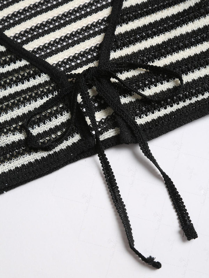 Striped Openwork Long Sleeves Tie Front Crop Knit Cardigan