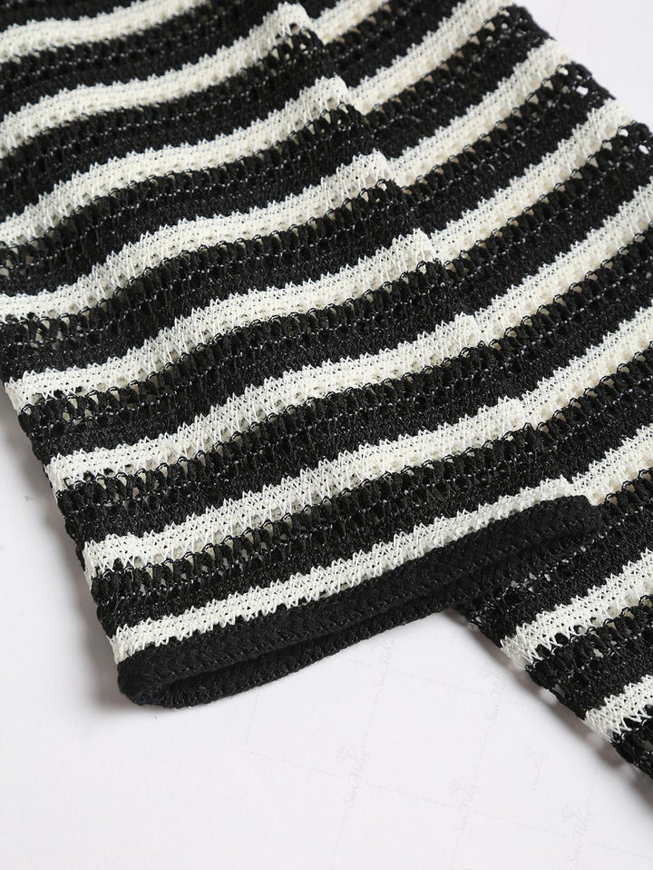 Striped Openwork Long Sleeves Tie Front Crop Knit Cardigan