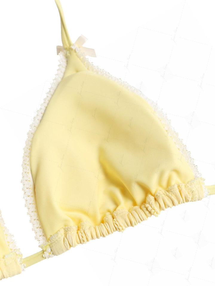 Janex Yellow Floral Jacquard Textured Lace Bowknot Triangle Bikini Set
