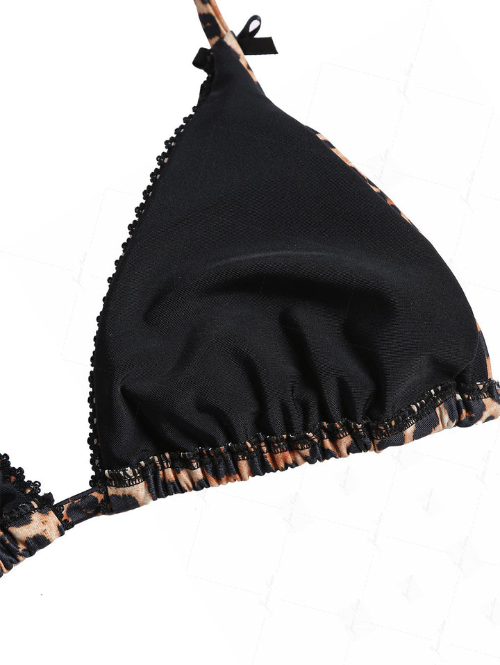 Janex Vintage Leopard Lace Bowknot Halter Triangle Cheeky Boyshorts Bikini Set