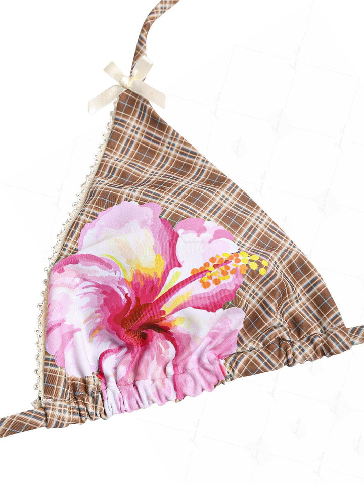Janex Coffee Vintage Plaid Floral Hibiscus Triangle Cheeky Boyshorts Bikini Set