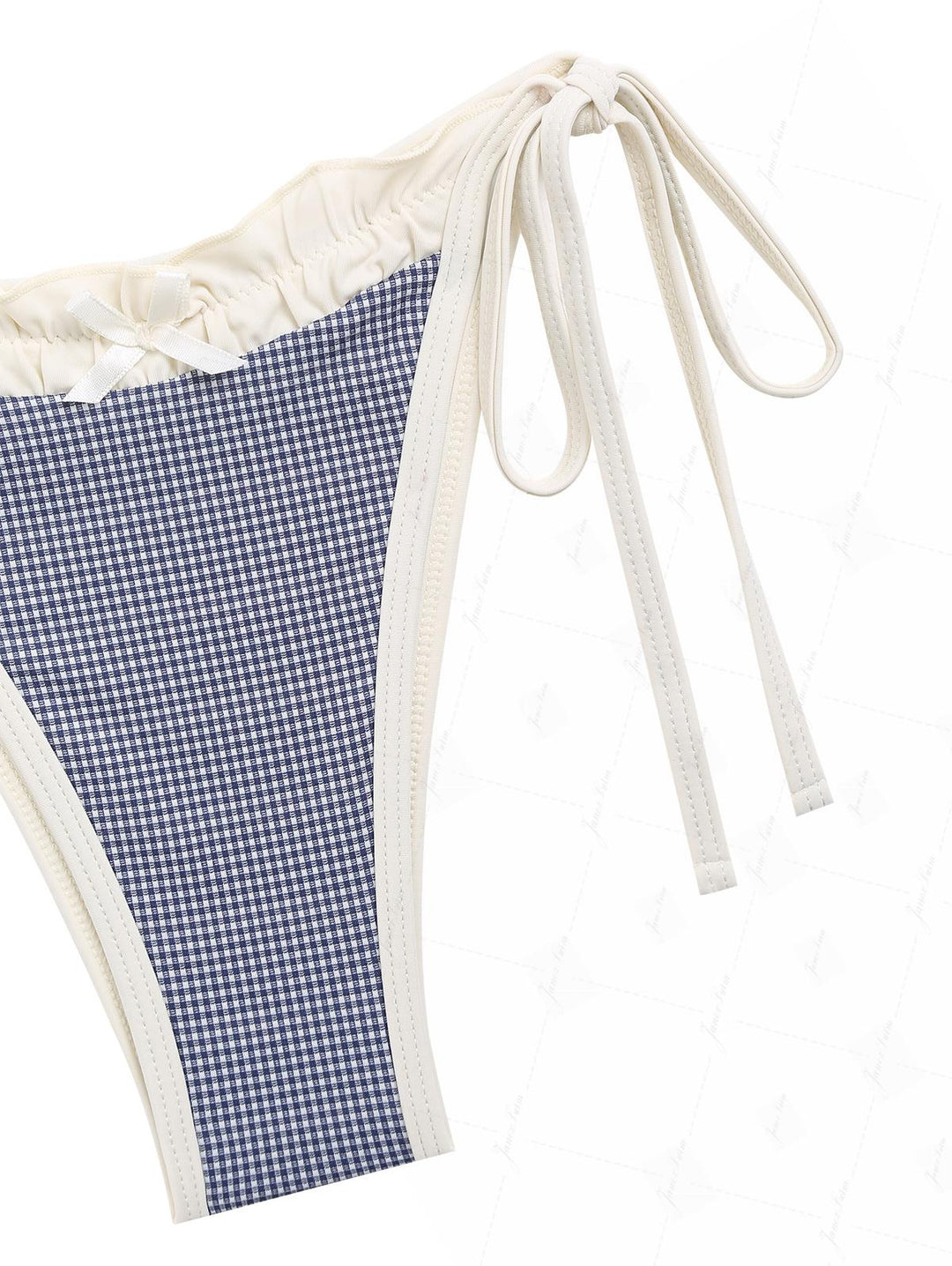 Deep Blue Vintage Plaid Spliced Ruched Bowknot Bikini Set
