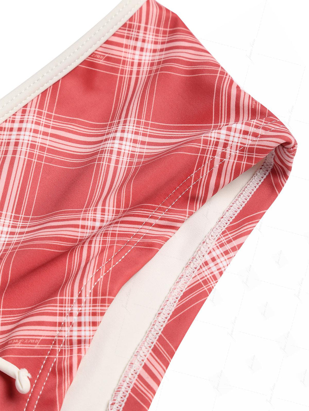 Red Vintage Plaid Lace Bowknot Halter Triangle Cheeky Boyshorts Bikini Set