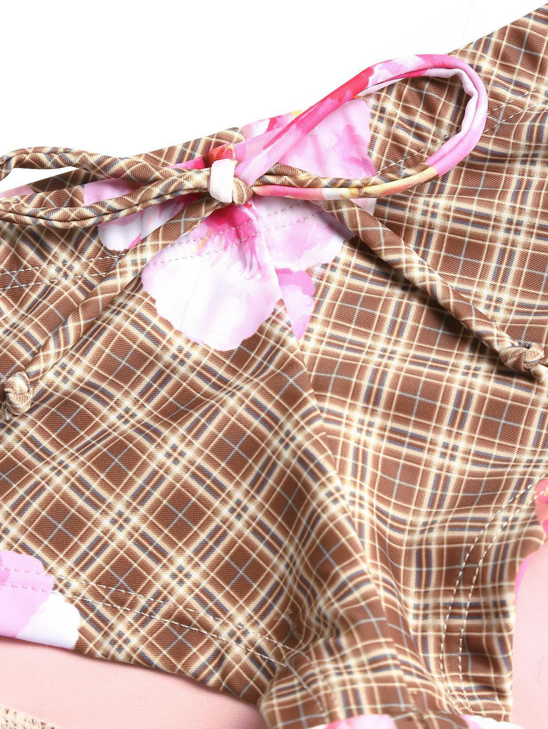 Coffee Plaid Hibiscus Print Ruffles Halter Tank Top & Cheeky Boyshorts Tankini Set
