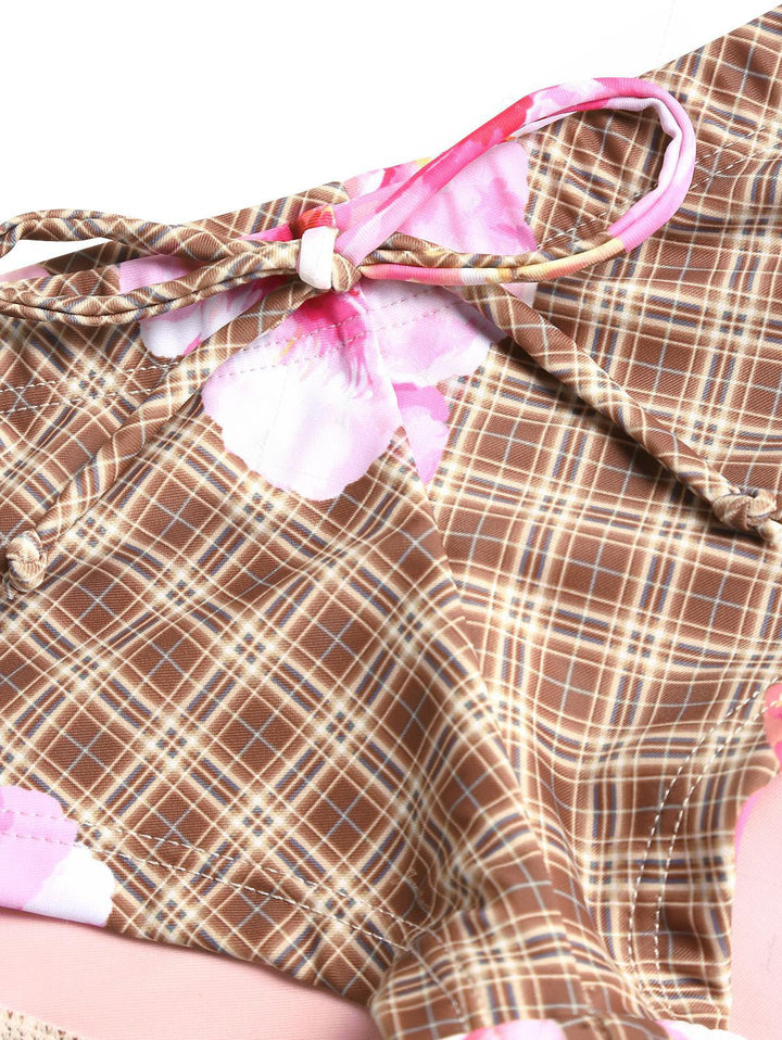 Coffee Plaid Hibiscus Print Ruffles Halter Tank Top & Cheeky Boyshorts Tankini Set