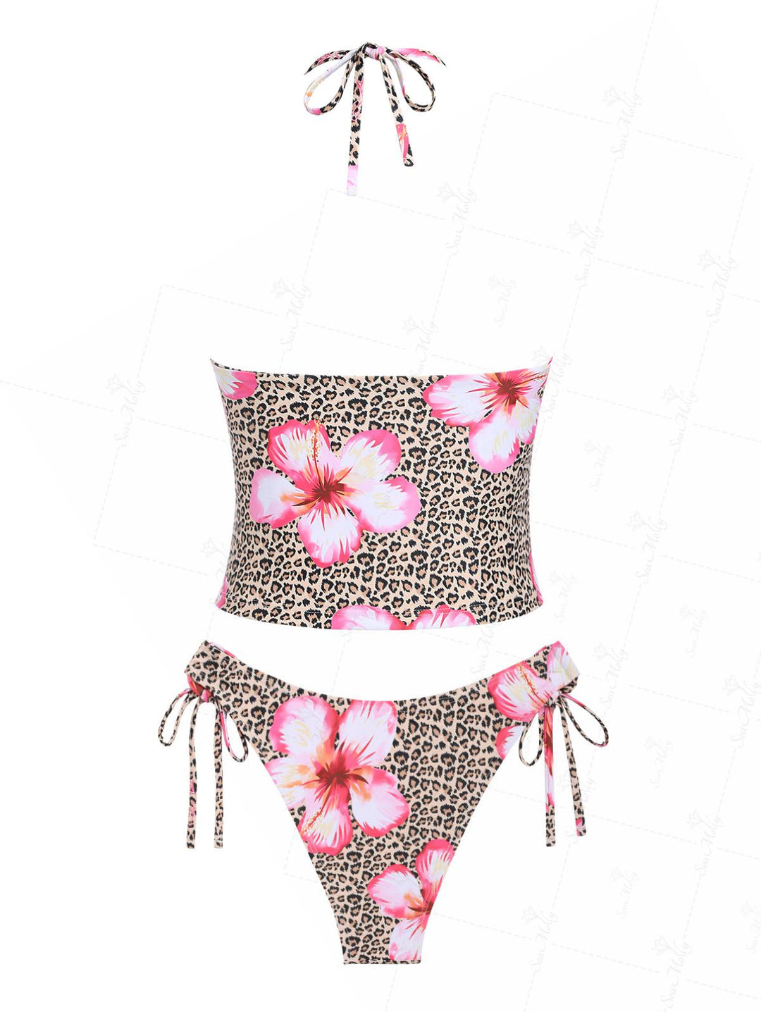 Seamolly Leopard Floral Print Halter Tied Tie Side Tankini Set