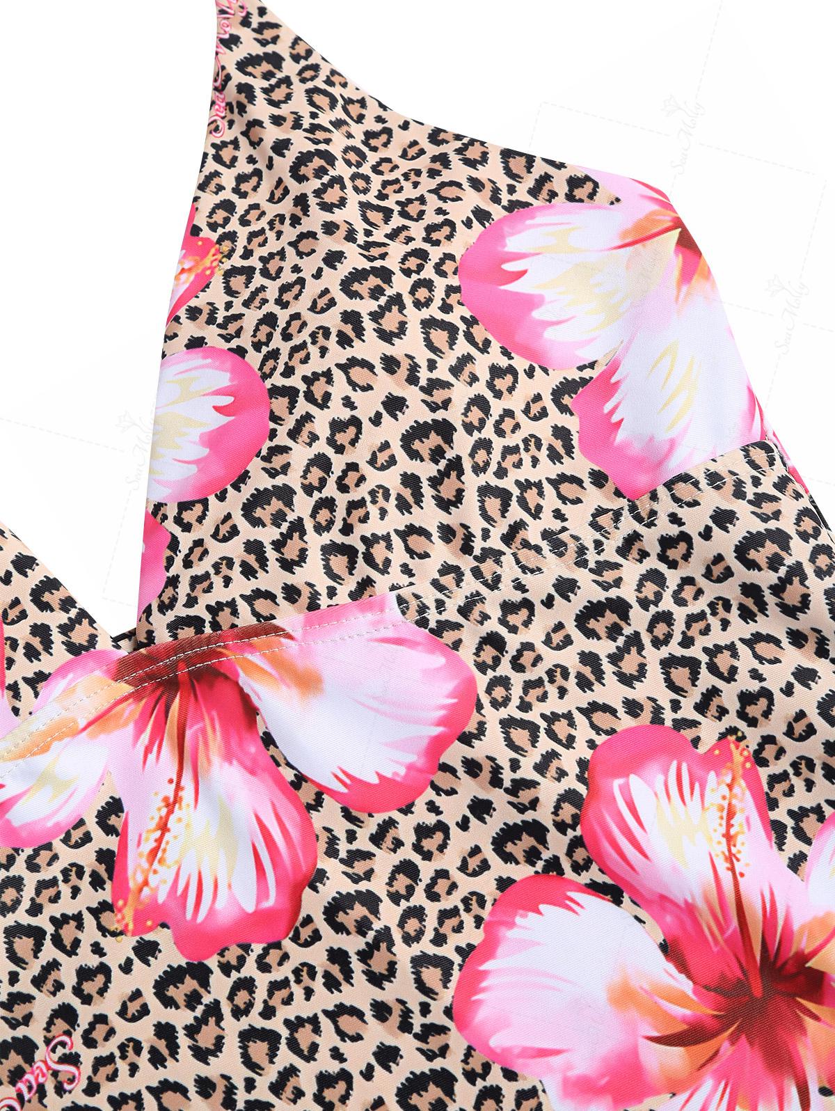 Seamolly 3 Piece Leopard Hawaii Style Hibiscus Print Bandeau Brazilian Cheeky Boyshort Bikini Set