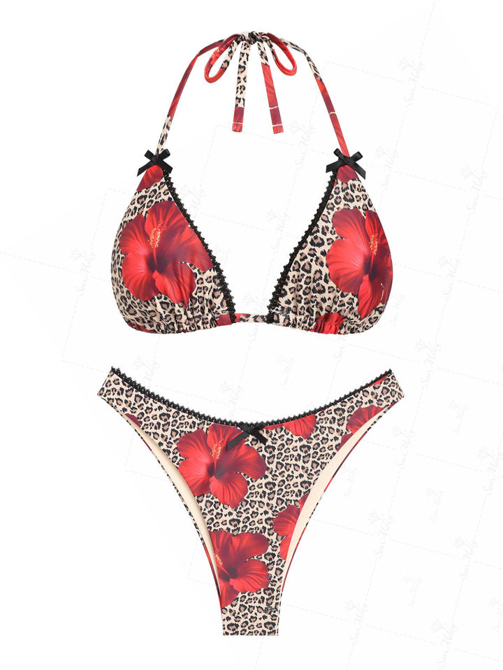 Seamolly Leopard Floral Print Lace Trim Bowknot Decor Halter Triangle Cheeky Bikini Set