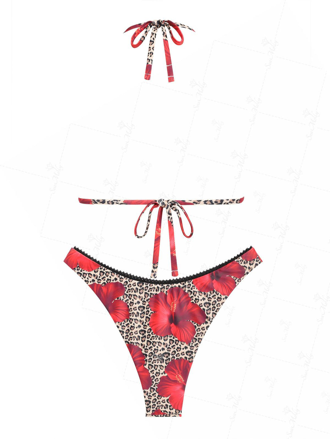Seamolly Leopard Floral Print Lace Trim Bowknot Decor Halter Triangle Cheeky Bikini Set