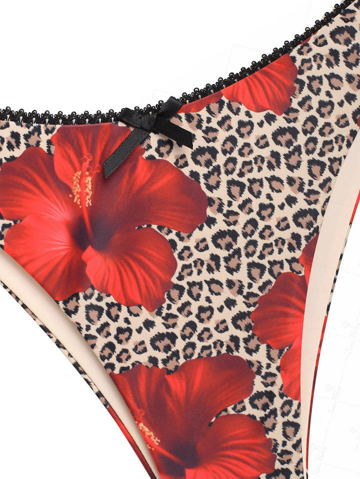 Seamolly Leopard Floral Print Lace Trim Bowknot Decor Halter Triangle Cheeky Bikini Set