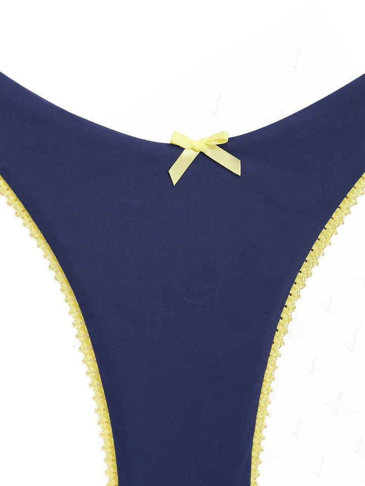 Deep Blue Contrast Lace Bowknot Underwire Bikini Set