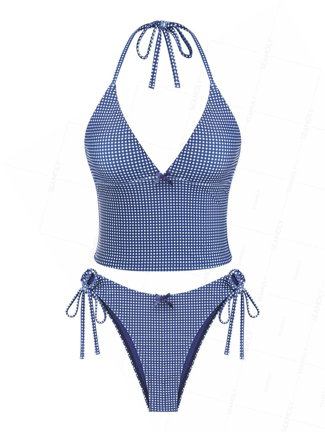 Seamolly Gingham Bowknot Cinched Tie Side Tankini Set