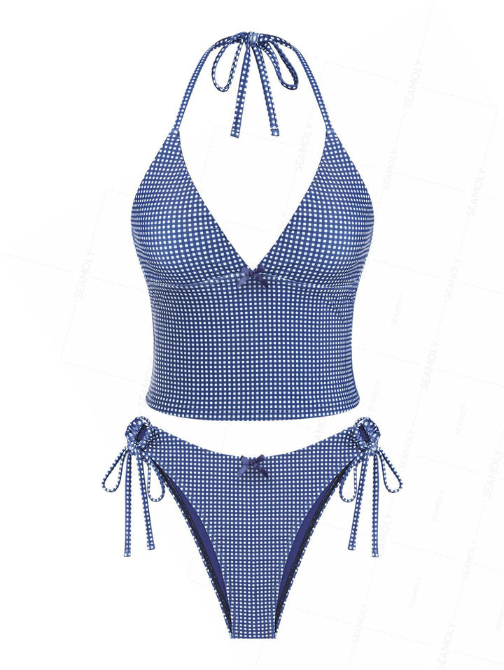 Seamolly Gingham Bowknot Cinched Tie Side Tankini Set