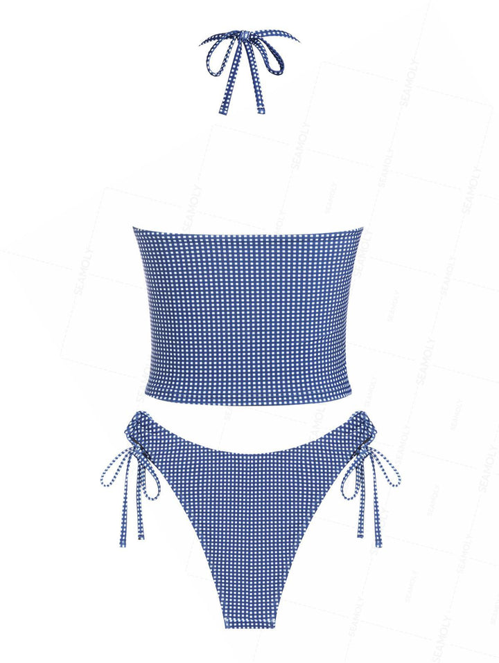 Seamolly Gingham Bowknot Cinched Tie Side Tankini Set