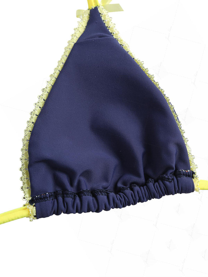 Deep Blue Contrast Lace Bowknot Triangle Cheeky Boyshorts Bikini Set