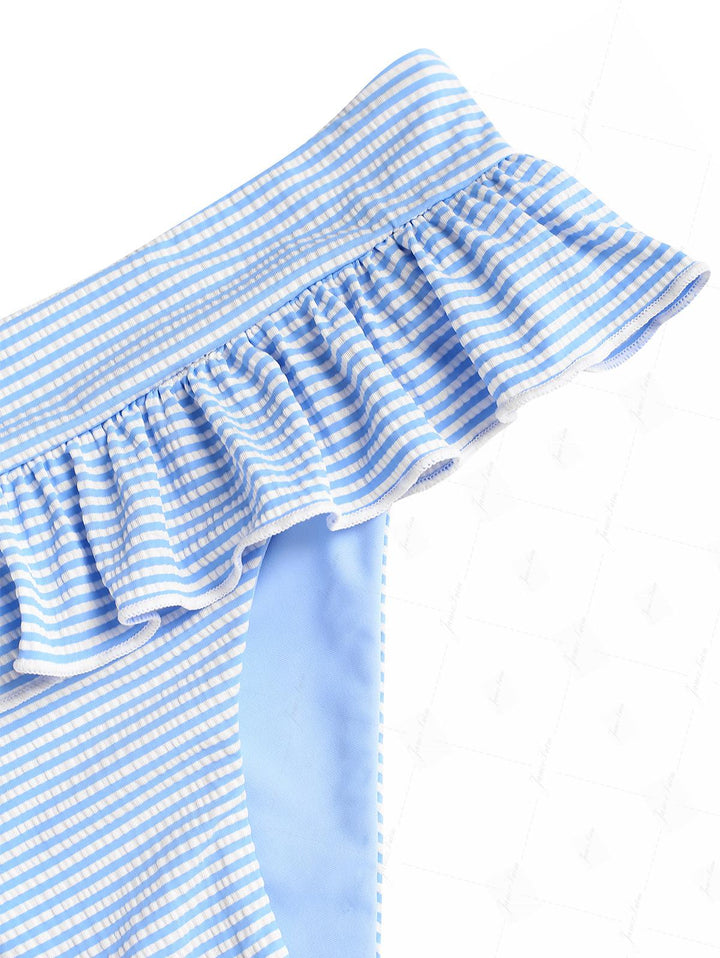 Light Blue Striped Ruched Tank Style Peplum Skirtini Bikini Set
