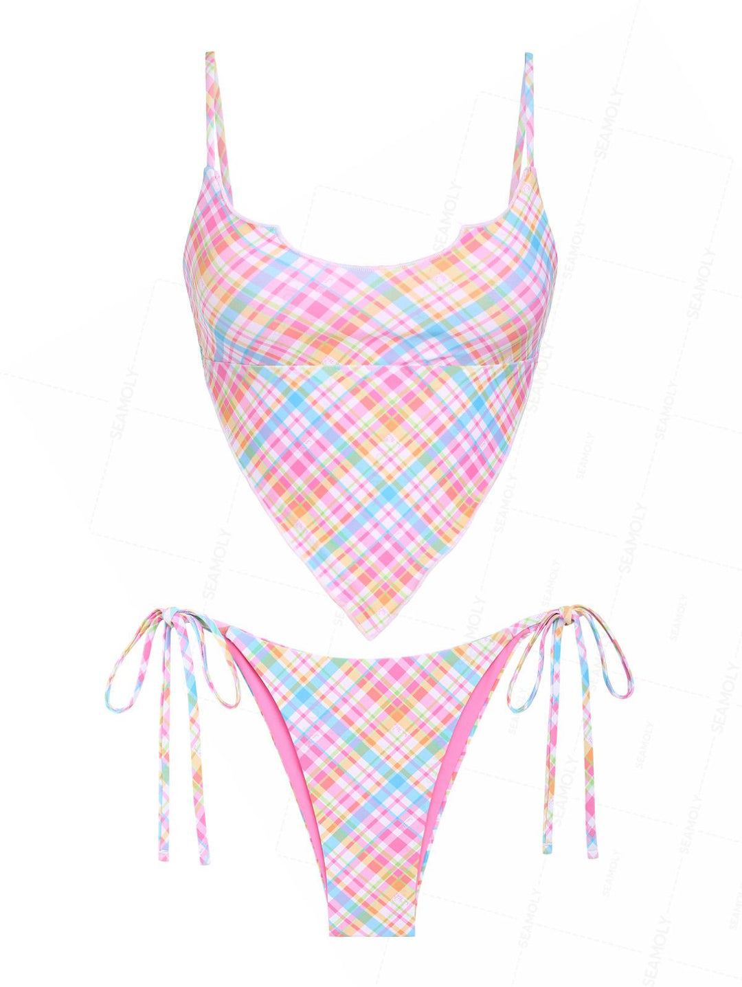 Seamolly Gingham Hanky Hem Cinched Tied Back Tie Side Tankini Set