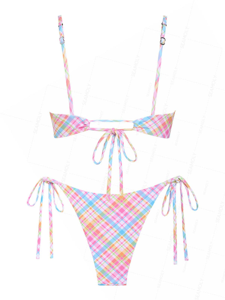 Seamolly Gingham Hanky Hem Cinched Tied Back Tie Side Tankini Set