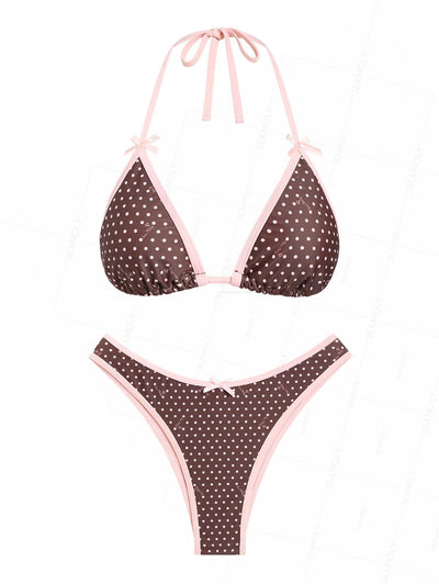 Seamolly Contrast Color Polka Dot Print O Ring Double Layer Bikini Set