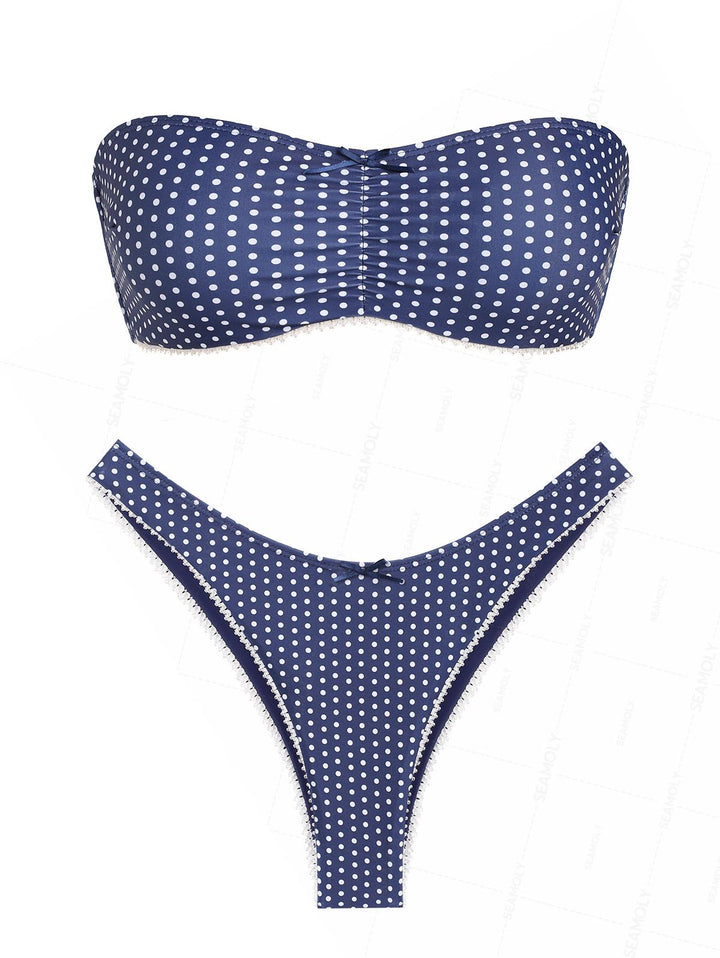 Seamolly Polka Dot Bowknot Ruched Lace Up Back Bandeau Bikini Set
