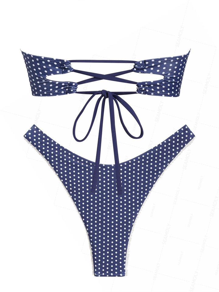 Seamolly Polka Dot Bowknot Ruched Lace Up Back Bandeau Bikini Set
