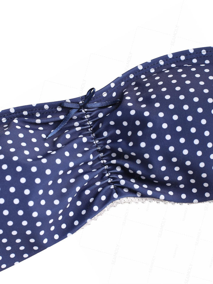Seamolly Polka Dot Bowknot Ruched Lace Up Back Bandeau Bikini Set