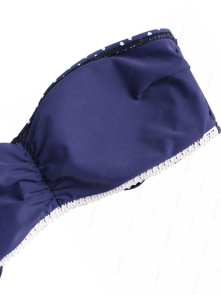 Seamolly Polka Dot Bowknot Ruched Lace Up Back Bandeau Bikini Set