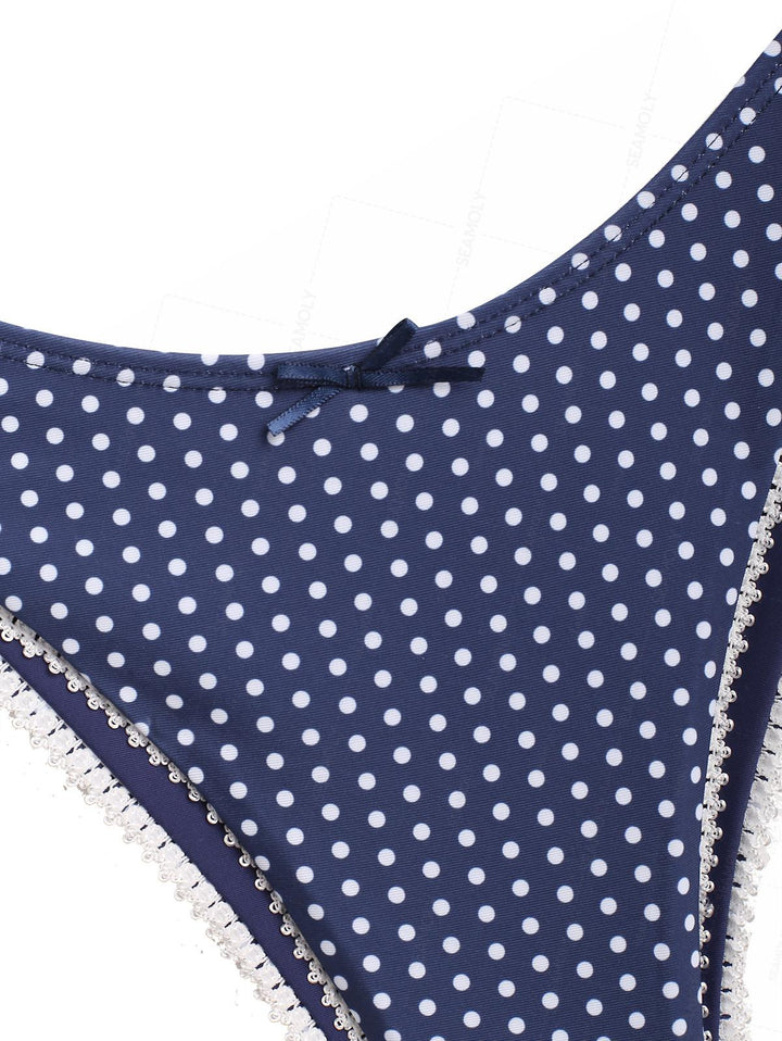 Seamolly Polka Dot Bowknot Ruched Lace Up Back Bandeau Bikini Set