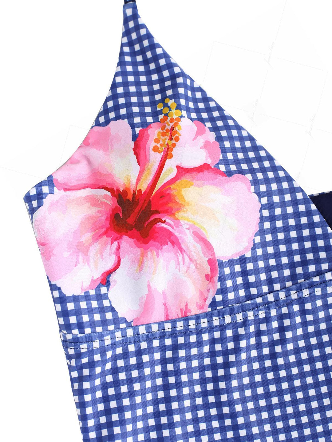 Janex Deep Blue Plaid Floral Hibiscus Halter Tank Top & Cheeky Boyshorts Tankini Set