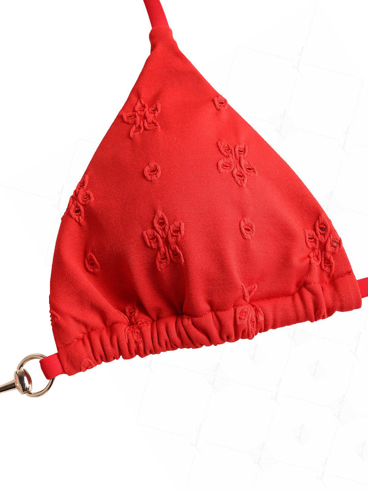 Red Recycled Fabric Jacquard Faux Pearl Halter Triangle Cheeky Boyshorts Bikini Set
