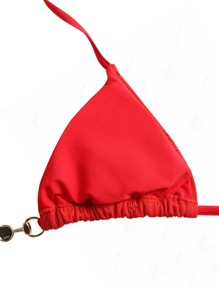Red Recycled Fabric Jacquard Faux Pearl Halter Triangle Cheeky Boyshorts Bikini Set