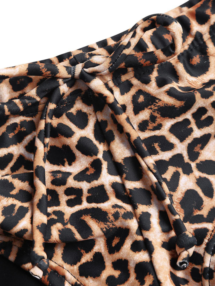 Coffee Leopard Print Lace O Ring Double Layer Top & Cheeky Boyshorts Bikini Set