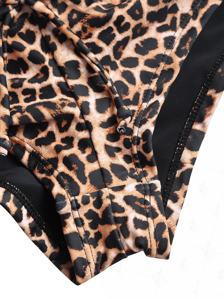 Coffee Leopard Print Lace O Ring Double Layer Top & Cheeky Boyshorts Bikini Set