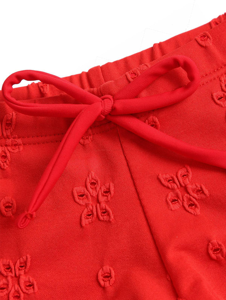 Red Recycled Fabric Jacquard Ruffles Edge Bralette Cheeky Boyshorts Bikini Set