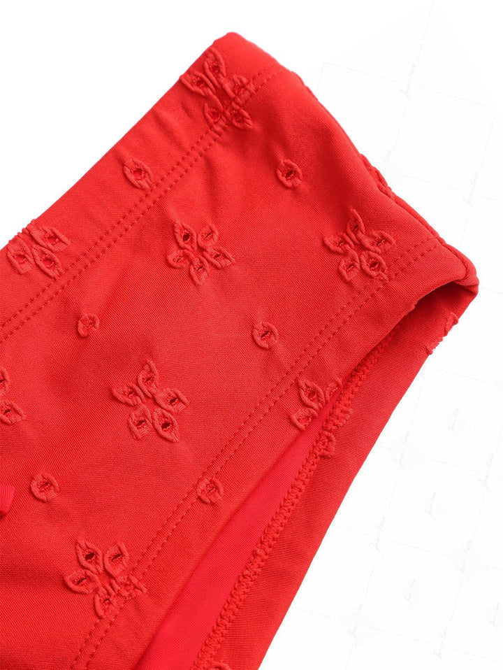Red Recycled Fabric Jacquard Ruffles Edge Bralette Cheeky Boyshorts Bikini Set