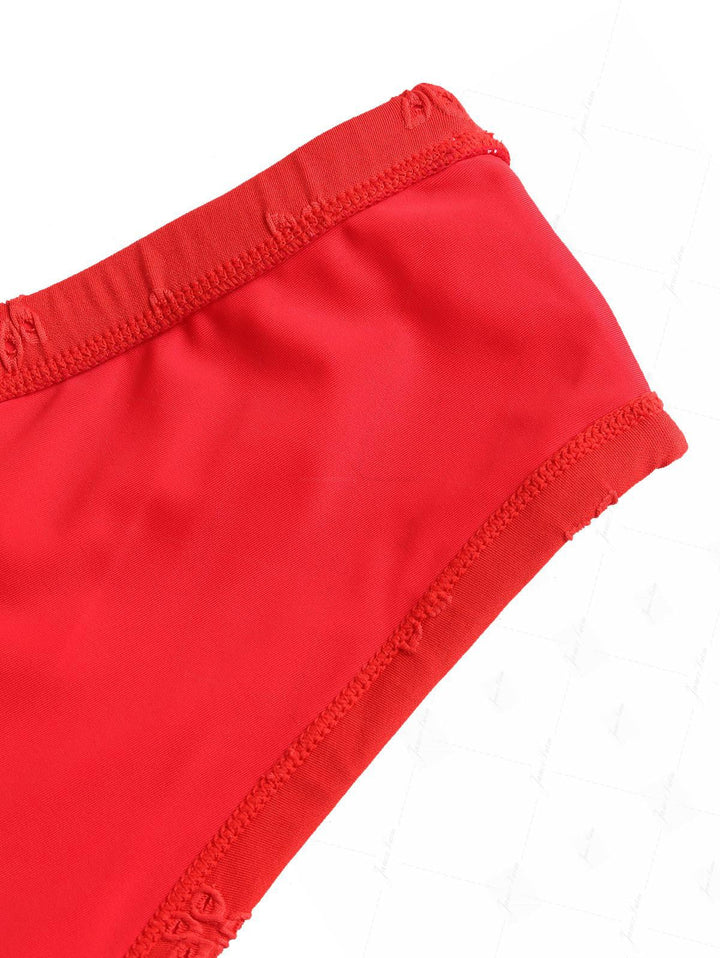 Red Recycled Fabric Jacquard Ruffles Edge Bralette Cheeky Boyshorts Bikini Set