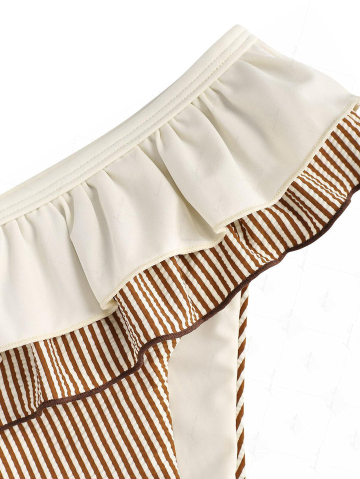 Coffee Striped Spliced Ruched Ruffles Bowknot Skirtini Bikini Set