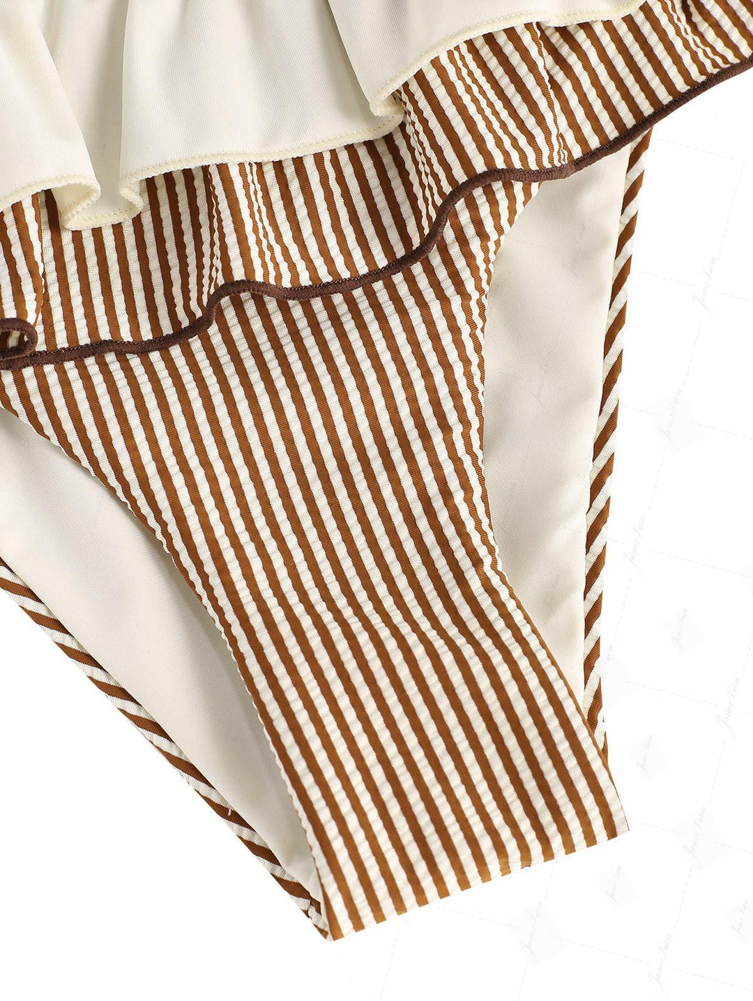 Coffee Striped Spliced Ruched Ruffles Bowknot Skirtini Bikini Set