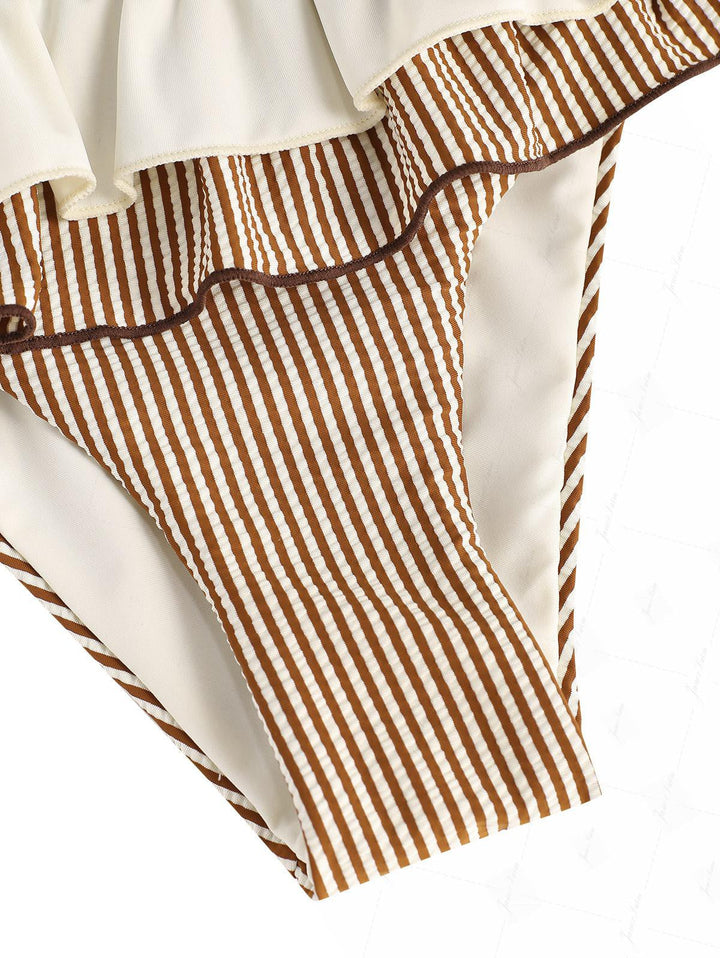 Coffee Striped Spliced Ruched Ruffles Bowknot Skirtini Bikini Set