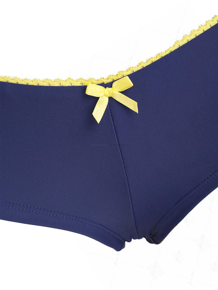 Deep Blue Contrast Lace Bowknot Triangle Cheeky Boyshorts Bikini Set