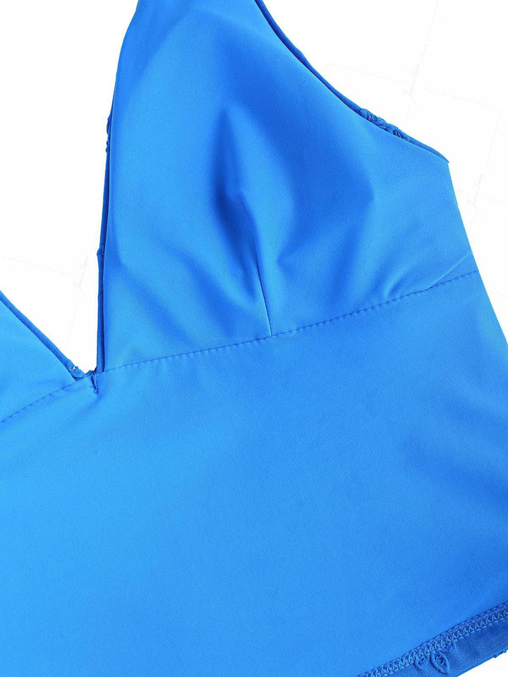 Blue Recycled Fabric Jacquard Bowknot Halter Skirtini Tankini Set