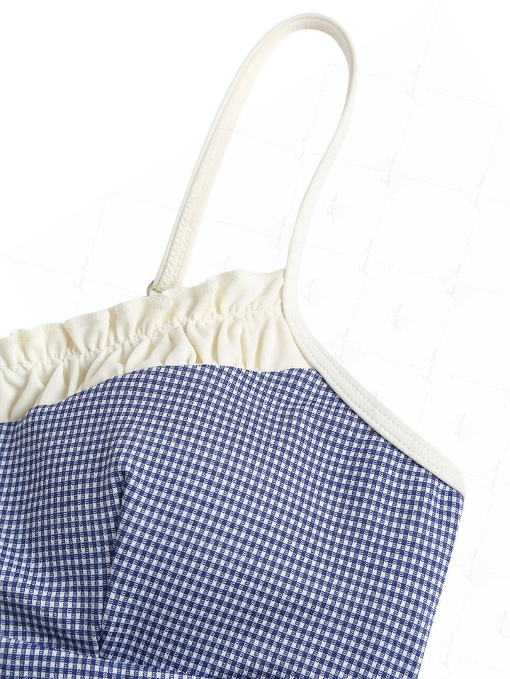 Deep Blue Vintage Plaid Spliced Ruffles Tank Top & Cheeky Boyshorts Tankini Set