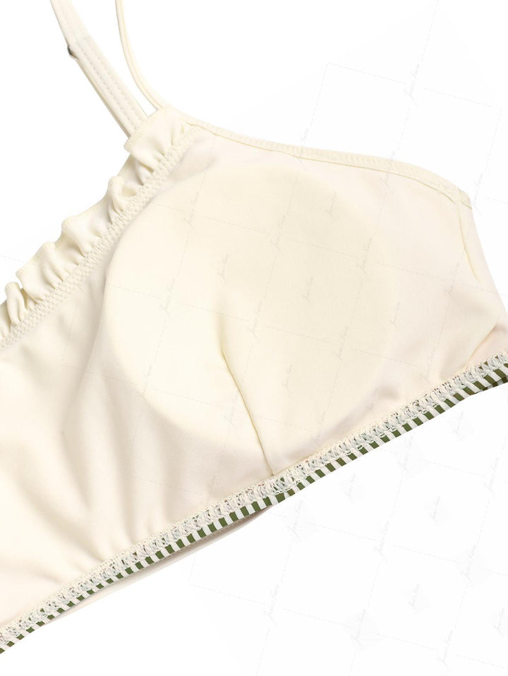Green Striped Spliced Ruched Ruffles Bowknot Skirtini Bikini Set