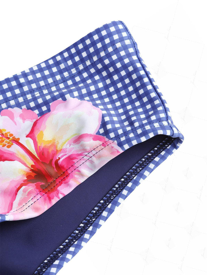 Janex Deep Blue Plaid Floral Hibiscus Halter Tank Top & Cheeky Boyshorts Tankini Set