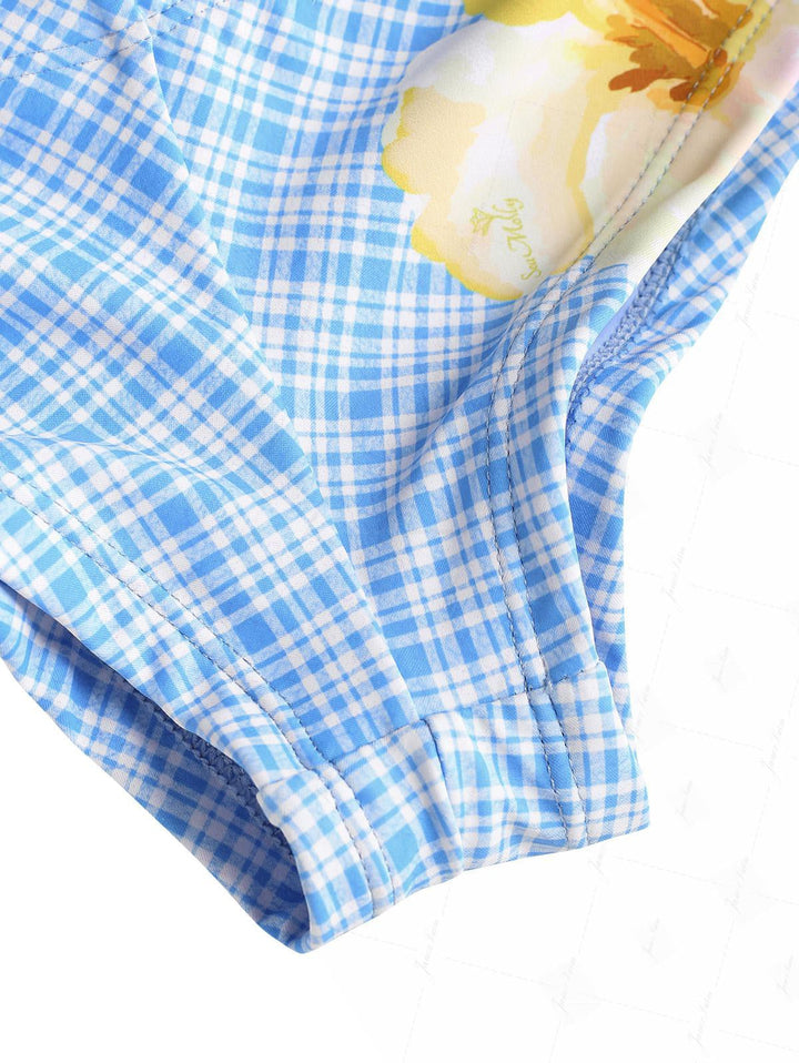 Janex Light Blue Plaid Floral Hibiscus Halter Tank Top & Cheeky Boyshorts Tankini Set