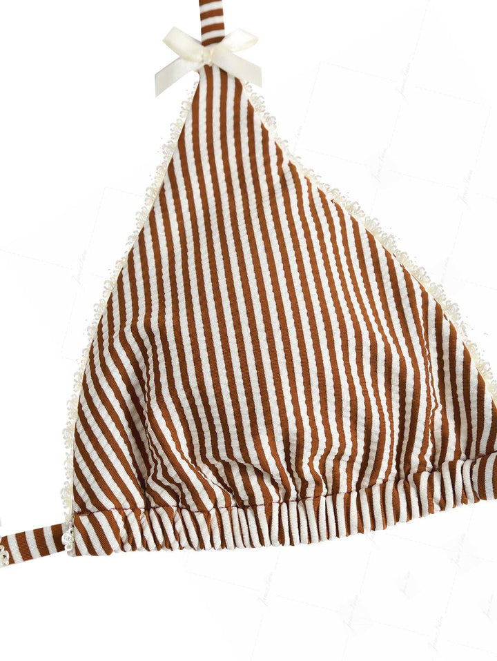 Janex Coffee Striped Lace Bowknot Halter Triangle Cheeky Boyshort Bikini Set
